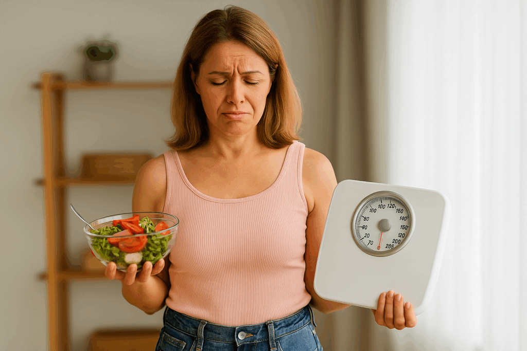 Frustrated woman trying restrictive diet without results for sustainable weight loss after 40