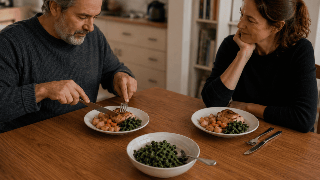 Longevity_Hands serving a simple home-cooked meal with vegetables and protein, reflecting an everyday eating pattern linked to longevity