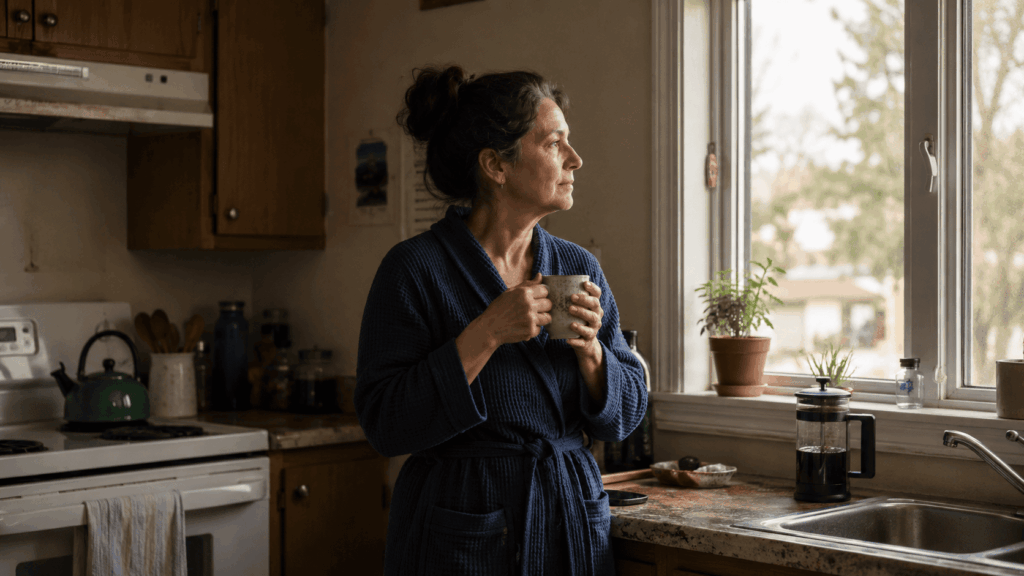 Longevity_Person pausing with a warm drink by a kitchen window in early morning light, reflecting on daily habits that support long-term health