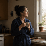 Longevity_Person pausing with a warm drink by a kitchen window in early morning light, reflecting on daily habits that support long-term health
