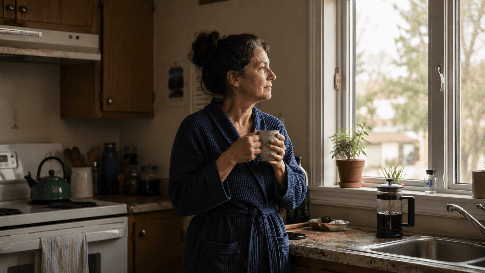 Longevity_Person pausing with a warm drink by a kitchen window in early morning light, reflecting on daily habits that support long-term health