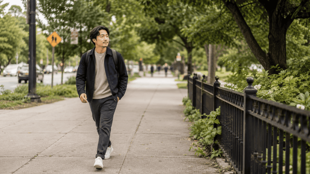 Longevity_Person taking a midday walk outdoors during a work break, an example of the kind of regular movement linked to better long-term health