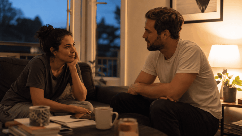 Longevity_Two people in relaxed conversation in a warmly lit living room, illustrating the role of real social connection in long-term health