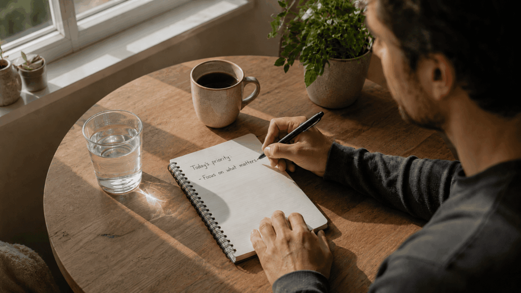 Morning Light_Glass of water, coffee, and notebook near morning light for a calm start to the day.