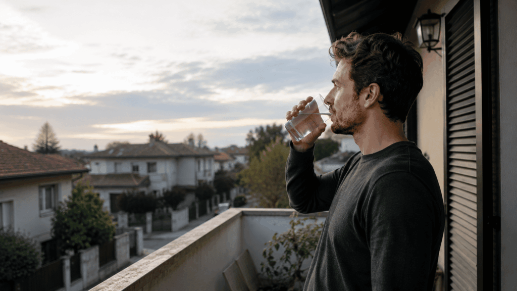 Morning Light_Person drinking water outside in soft morning daylight for a simple morning routine.