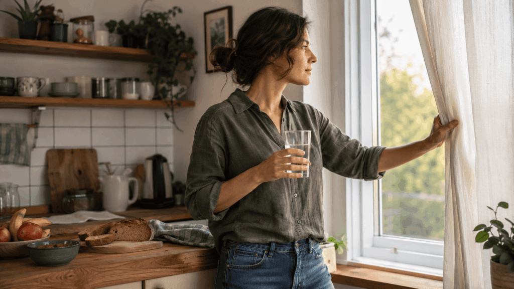 Morning Light_Person opening kitchen curtains while holding water as part of a morning light and hydration routine.