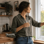 Morning Light_Person opening kitchen curtains while holding water as part of a morning light and hydration routine.