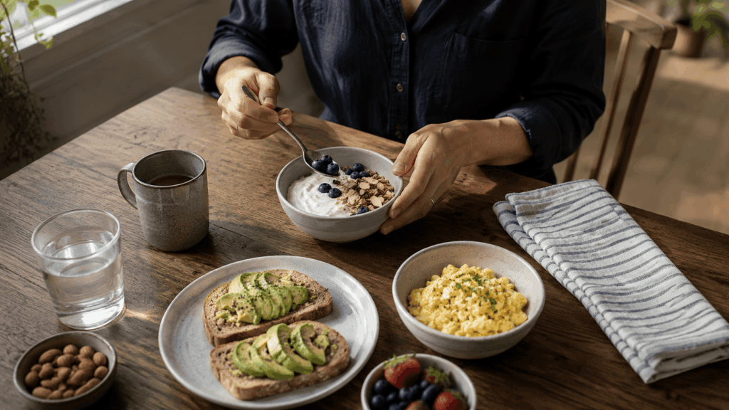 Routine_Balanced breakfast with protein, fiber-rich foods, and water as part of a stable morning energy routine.