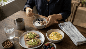 Balanced breakfast with protein, fiber-rich foods and a glass of water