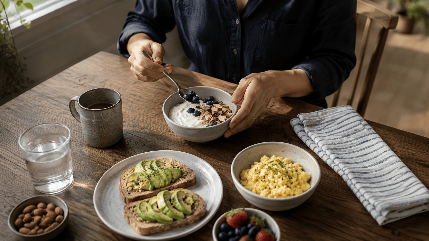 Routine_Balanced breakfast with protein, fiber-rich foods, and water as part of a stable morning energy routine.