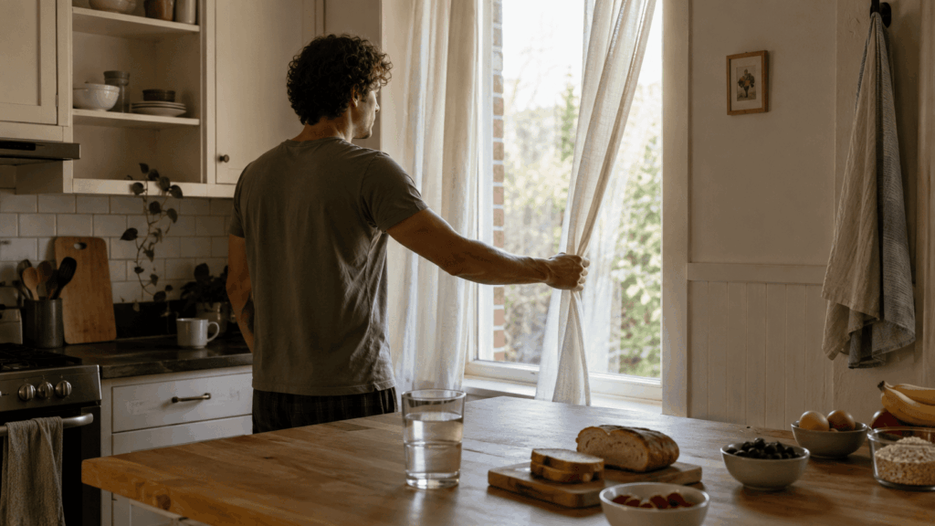 Routine_Person opening kitchen curtains in the morning with water and breakfast ingredients nearby for a realistic stable energy routine.