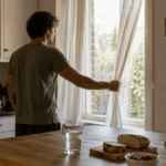 Routine_Person opening kitchen curtains in the morning with water and breakfast ingredients nearby for a realistic stable energy routine.