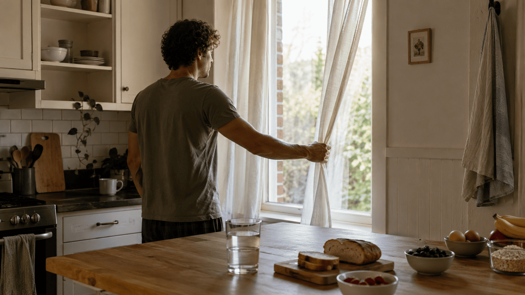 Routine_Person opening kitchen curtains in the morning with water and breakfast ingredients nearby for a realistic stable energy routine.