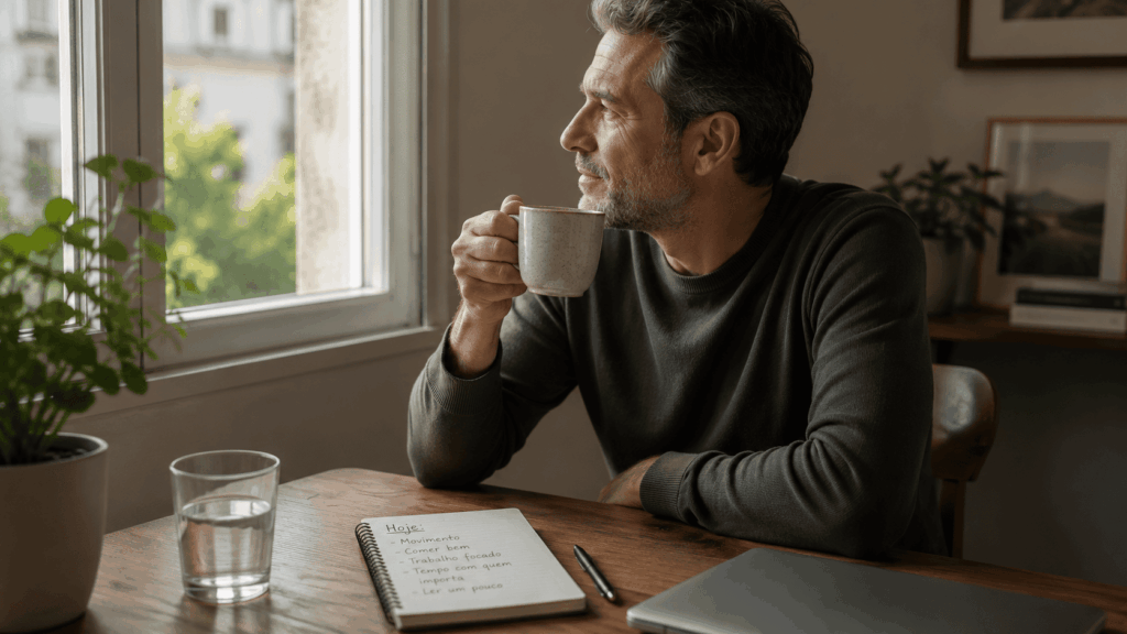 Routine_Person planning the day with coffee, water, and a simple priority list after a realistic morning routine.