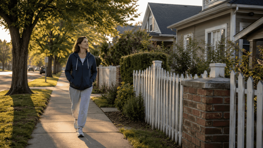 Routine_Person taking a gentle morning walk in natural light to support a steady wake-up routine.