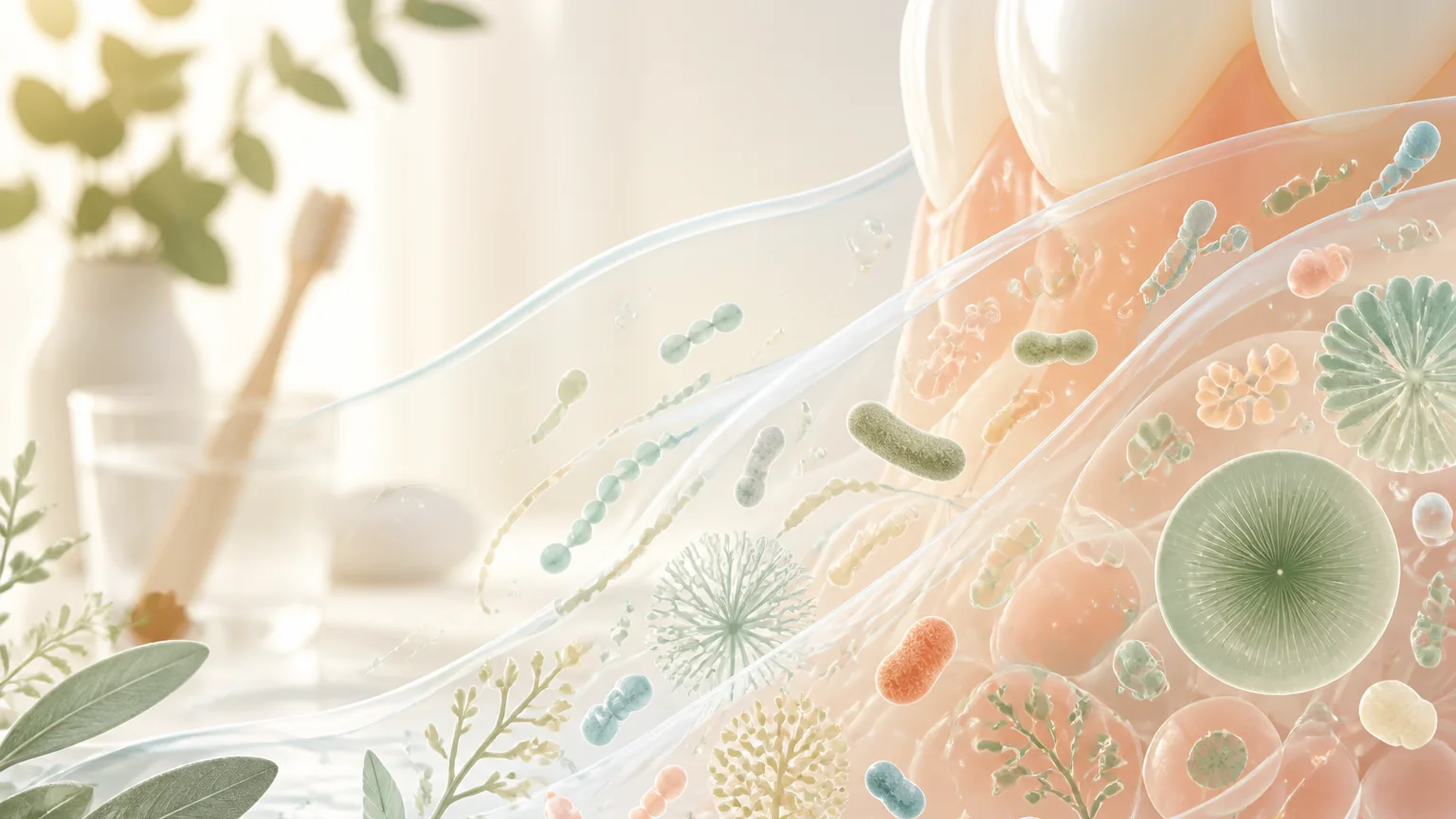 Editorial illustration of oral microbiome support and oral probiotics