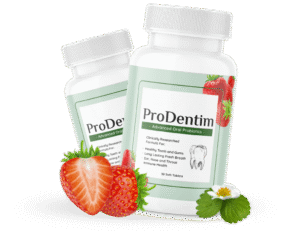Two unopened ProDentim supplement bottles shown with strawberries and botanical accents.