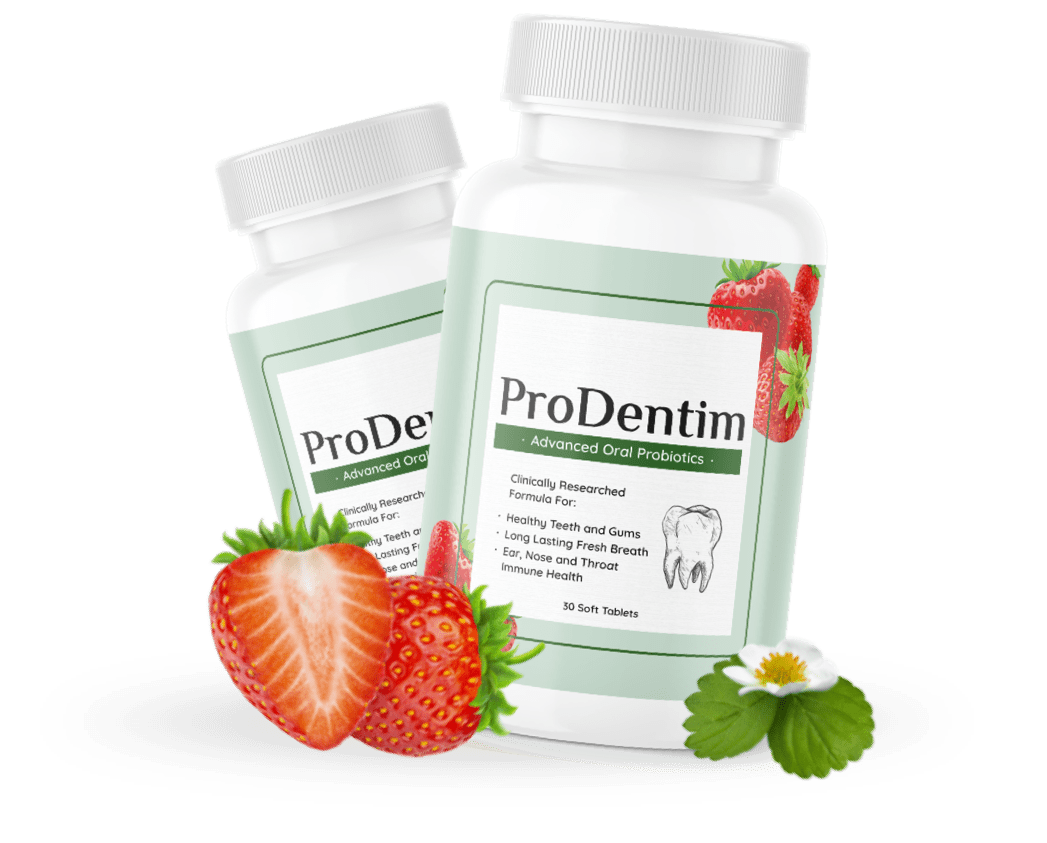 Two unopened ProDentim supplement bottles shown with strawberries and botanical accents.