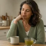 Woman considering coffee and green tea as part of her morning caffeine routine.