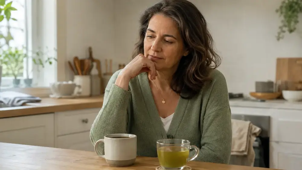Woman considering coffee and green tea as part of her morning caffeine routine.