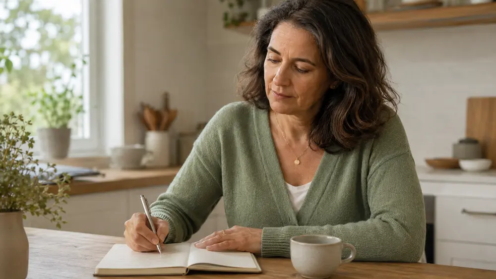 Woman noting caffeine timing and sleep patterns in a notebook beside a coffee mug.