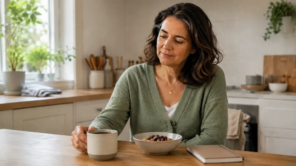 Woman returning to a simple morning routine with breakfast, a warm drink, and a notebook.