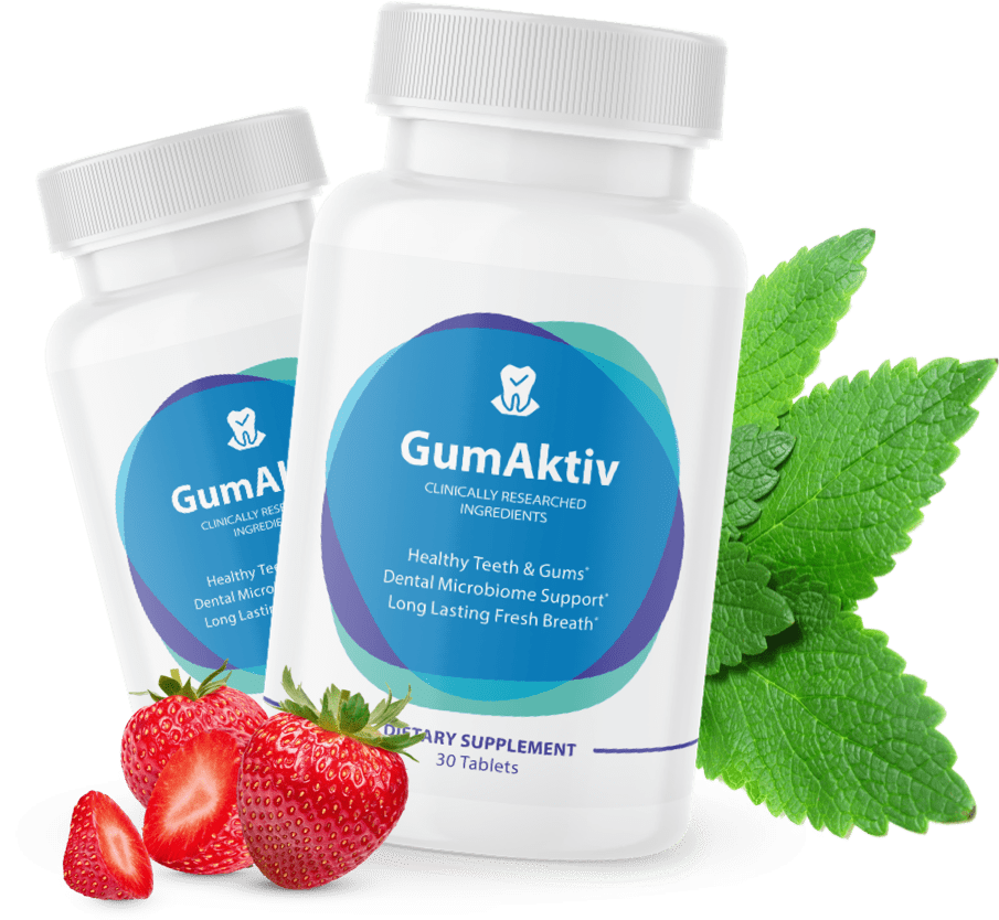 Two GumAktiv chewable oral supplement bottles with strawberries and mint leaves