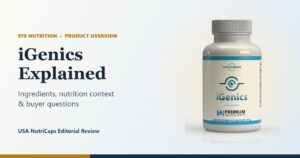 iGenics Explained: ingredients, nutrition context and buyer questions — USA NutriCaps editorial review, with the iGenics bottle