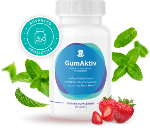 GumAktiv dietary supplement bottle, 30 tablets, shown with mint leaves and strawberries