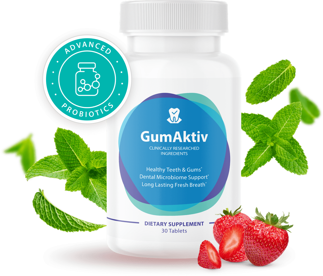 GumAktiv dietary supplement bottle, 30 tablets, shown with mint leaves and strawberries