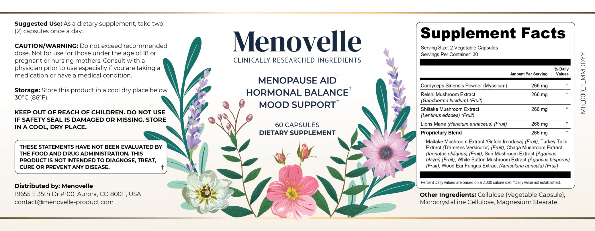 Menovelle Supplement Facts label listing mushroom ingredients and a two-capsule serving