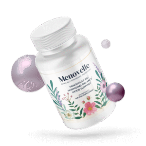 Bottle of Menovelle dietary supplement with a floral label, shown with decorative pearl-like spheres