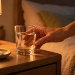 Person preparing a magnesium supplement by a bedside table in warm evening light