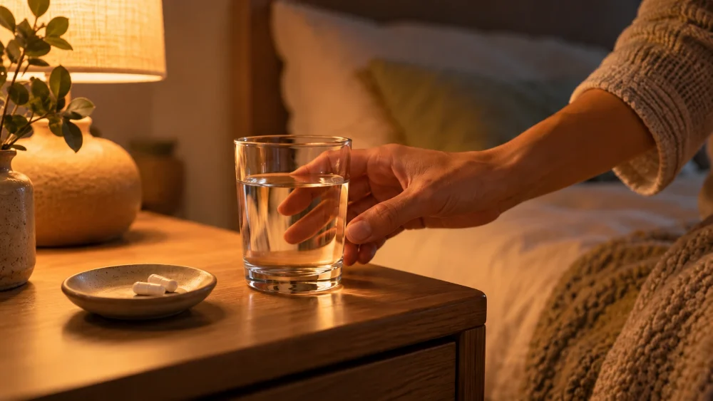 Person preparing a magnesium supplement by a bedside table in warm evening light